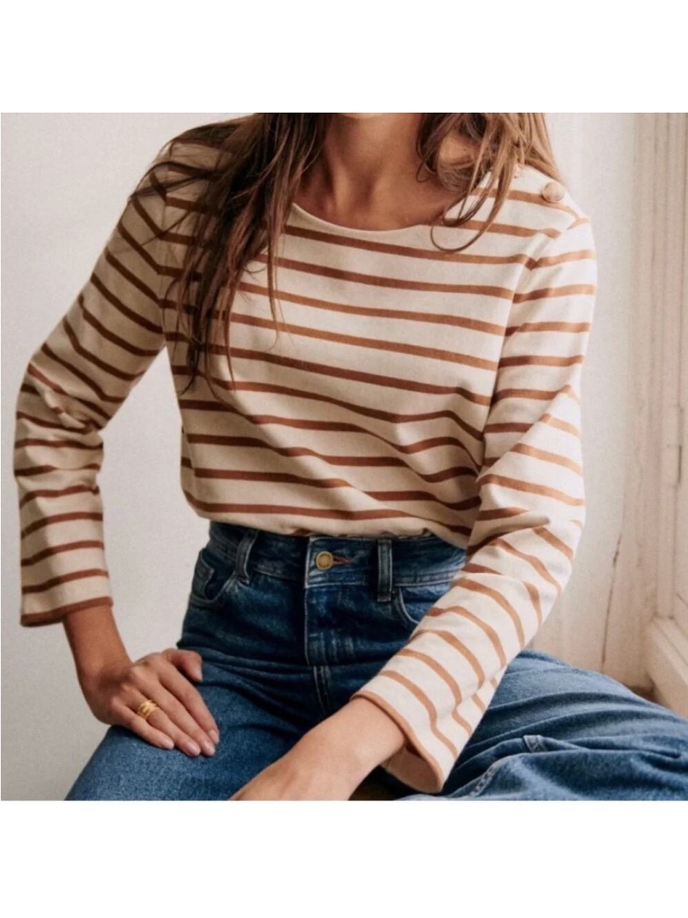 SEZANE | Colette Brown and Cream Button Shoulder Mariniere Sailor Shirt Sz M